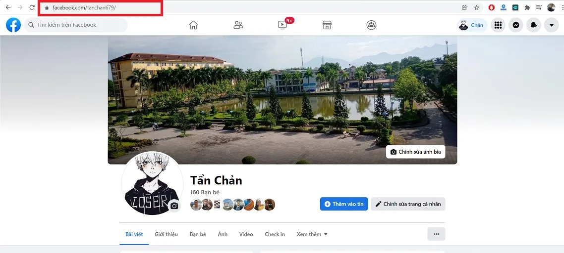 Ví dụ về link Facebook cá nhân đã được rút gọn thành tên người dùng (Username)