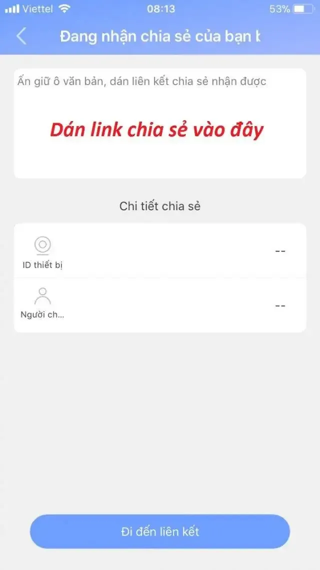 Vị trí dán liên kết để chia sẻ quyền xem camera Yoosee trong ứng dụng