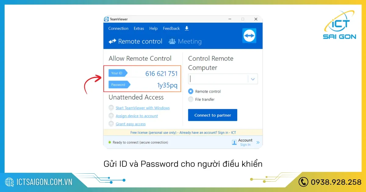 Vị trí hiển thị ID và mật khẩu để cho phép người khác điều khiển máy tính của bạn trên TeamViewer 12