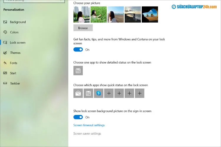 Vị trí Screen Saver Settings ở cuối màn hình Lock Screen trên Win 10