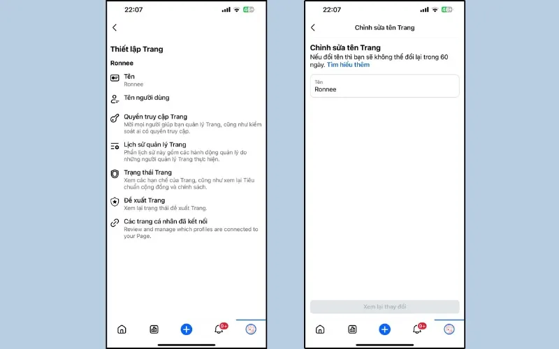 Vị trí thông tin trang Facebook trên ứng dụng di động