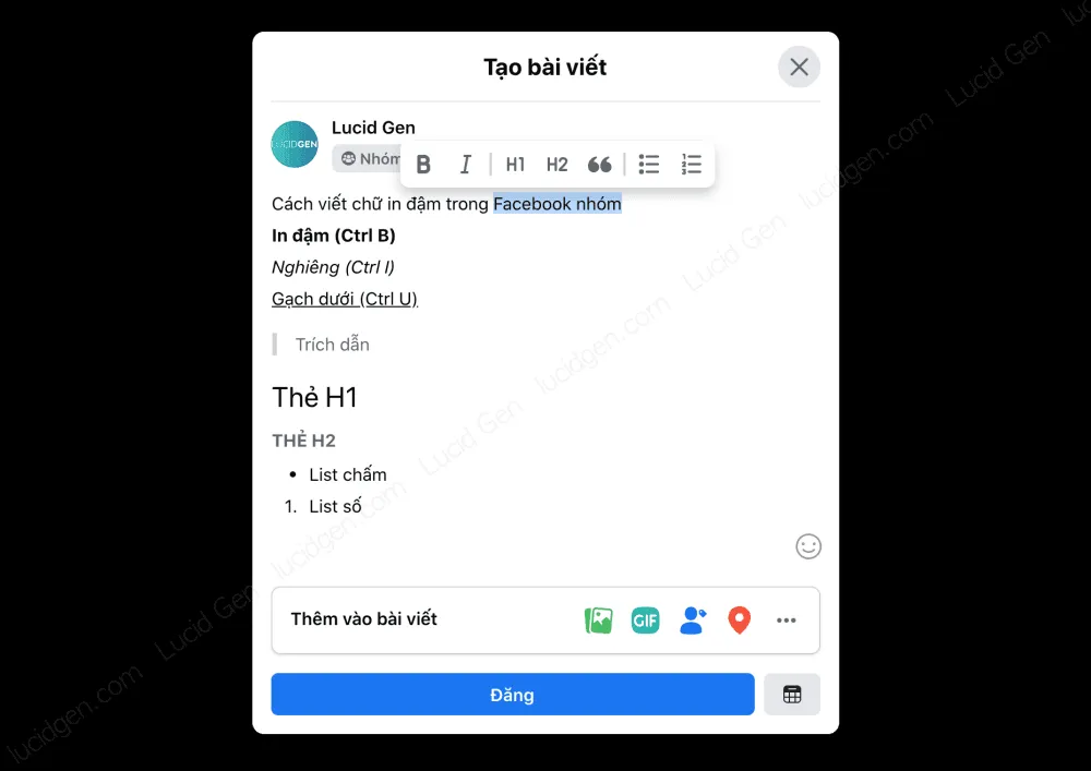 Viết chữ in đậm trên FB nhóm bằng format