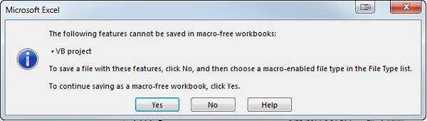 Warning dialog box when attempting to save a macro-enabled file as a non-macro file
