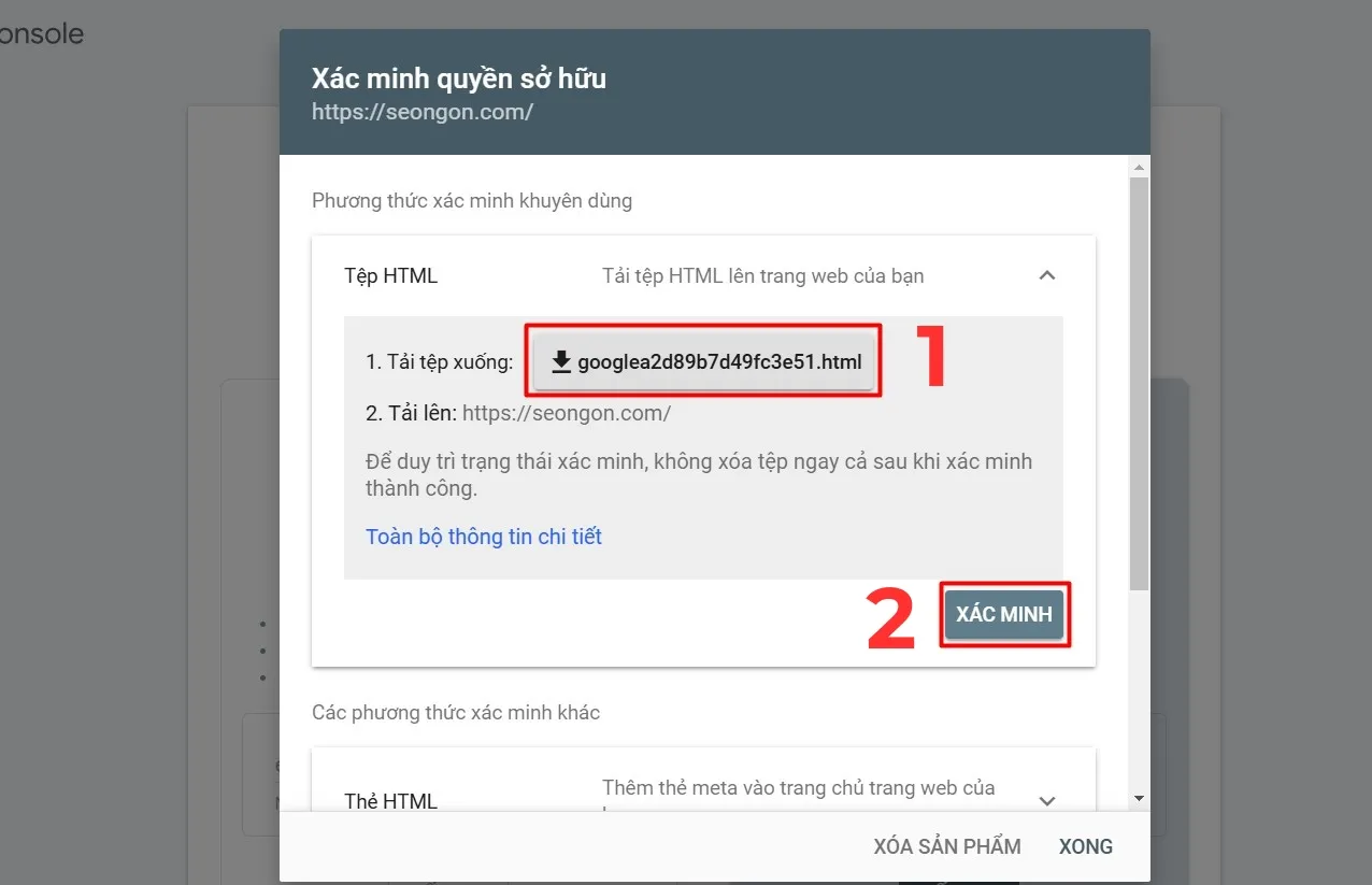 Xác minh Google Console bằng tải tệp html lên website, một bước quan trọng trong cách cài Google Search Console