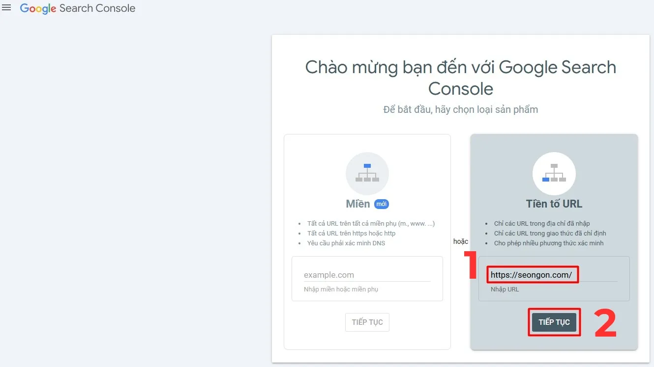 Xác minh Google Search Console bằng cách sử dụng tiền tố URL