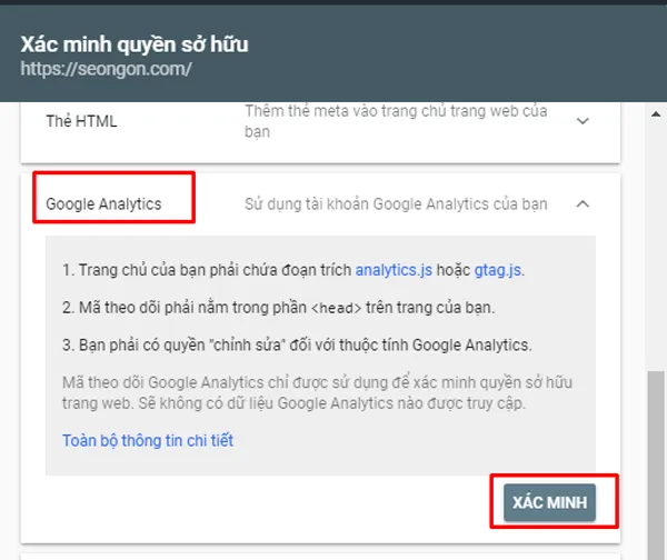 Xác minh quyền sở hữu qua Google Analytics là cách cài Google Search Console nhanh chóng
