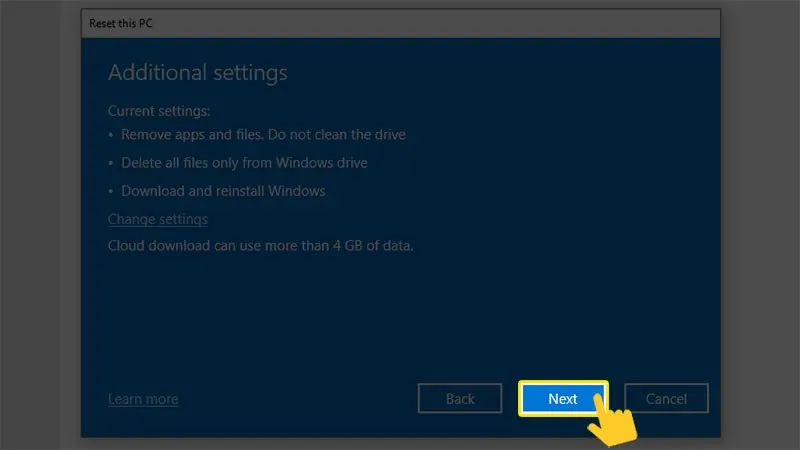 Xác nhận các bước chuẩn bị bằng cách chọn Next để tiếp tục quá trình cài đặt lại hệ điều hành