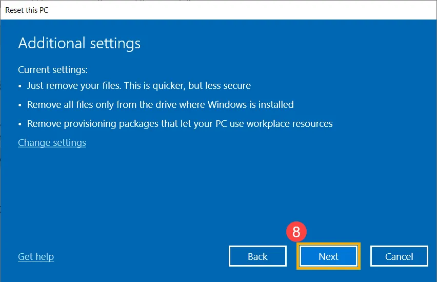 Xác nhận cài đặt trước khi reset Windows 10