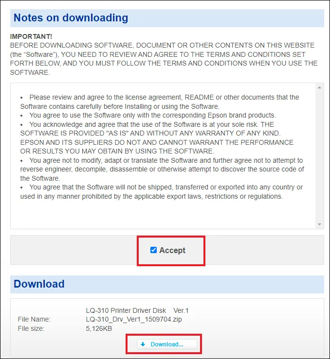 Xác nhận chấp nhận điều khoản và Download driver cho máy in kim Epson LQ 310