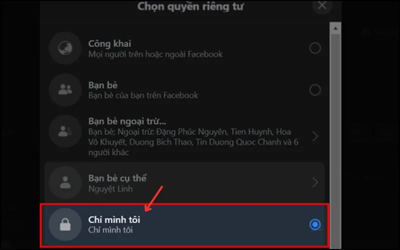 Xác nhận chế độ Chỉ mình tôi để ẩn danh sách bạn bè hoàn toàn