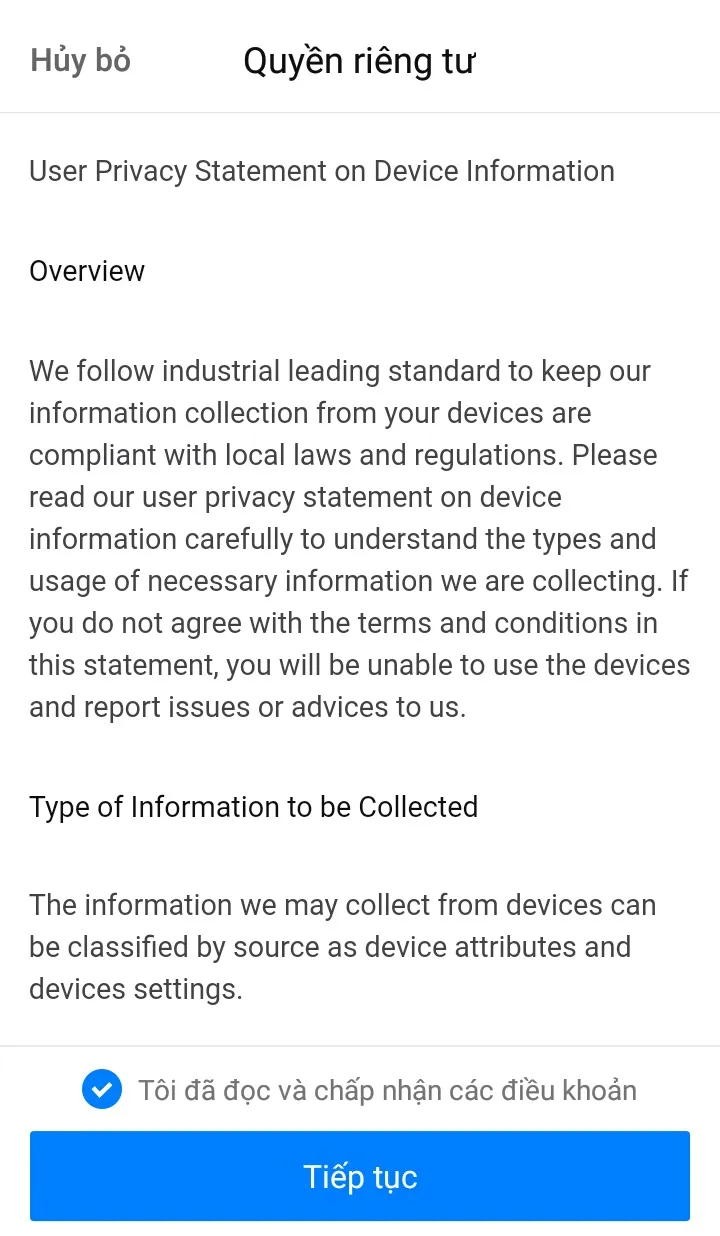 Xác nhận điều khoản để thêm thiết bị BroadLink