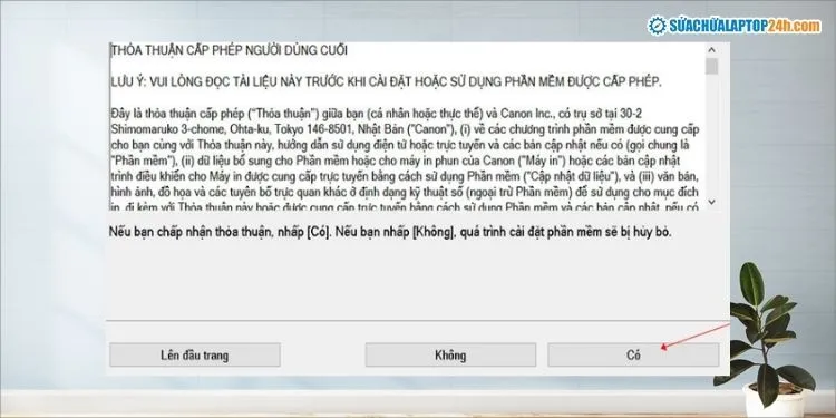 Xác nhận đồng ý các điều khoản cài đặt driver máy in