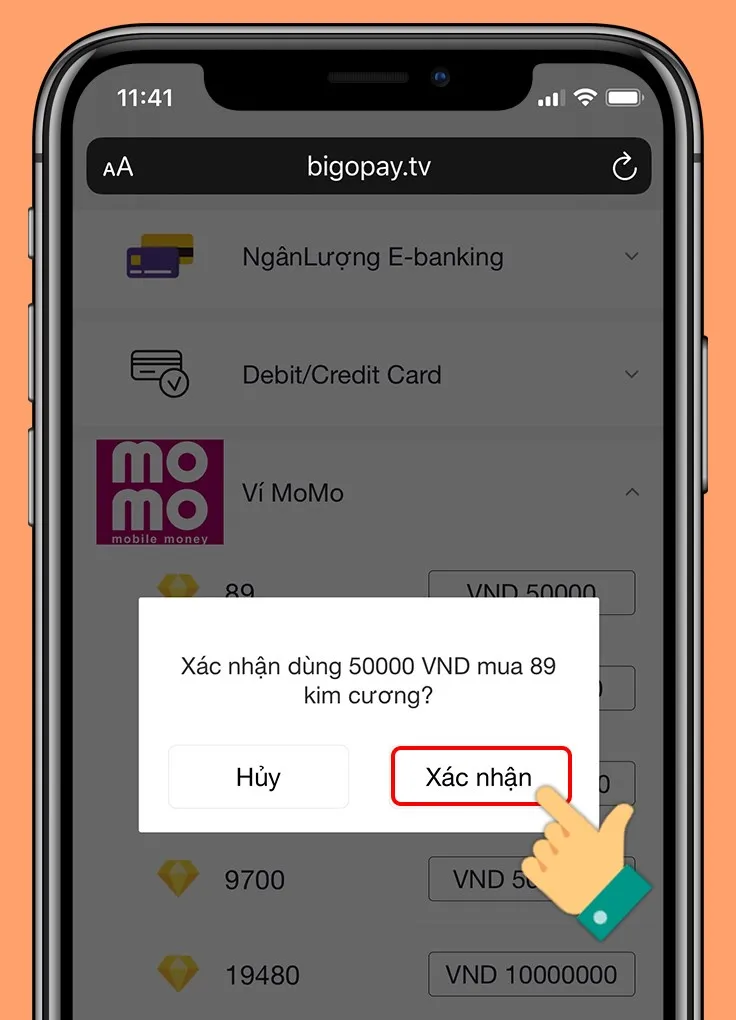 Xác nhận giao dịch mua kim cương qua Momo