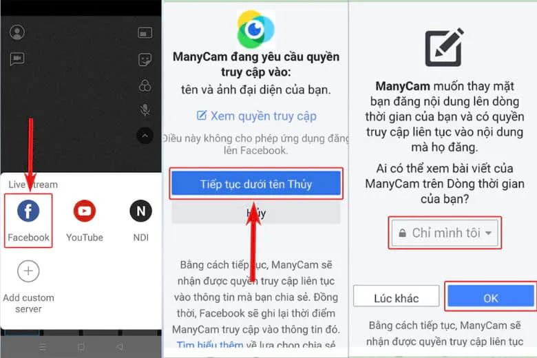 Xác nhận kết nối ứng dụng ManyCam với tài khoản Facebook Live