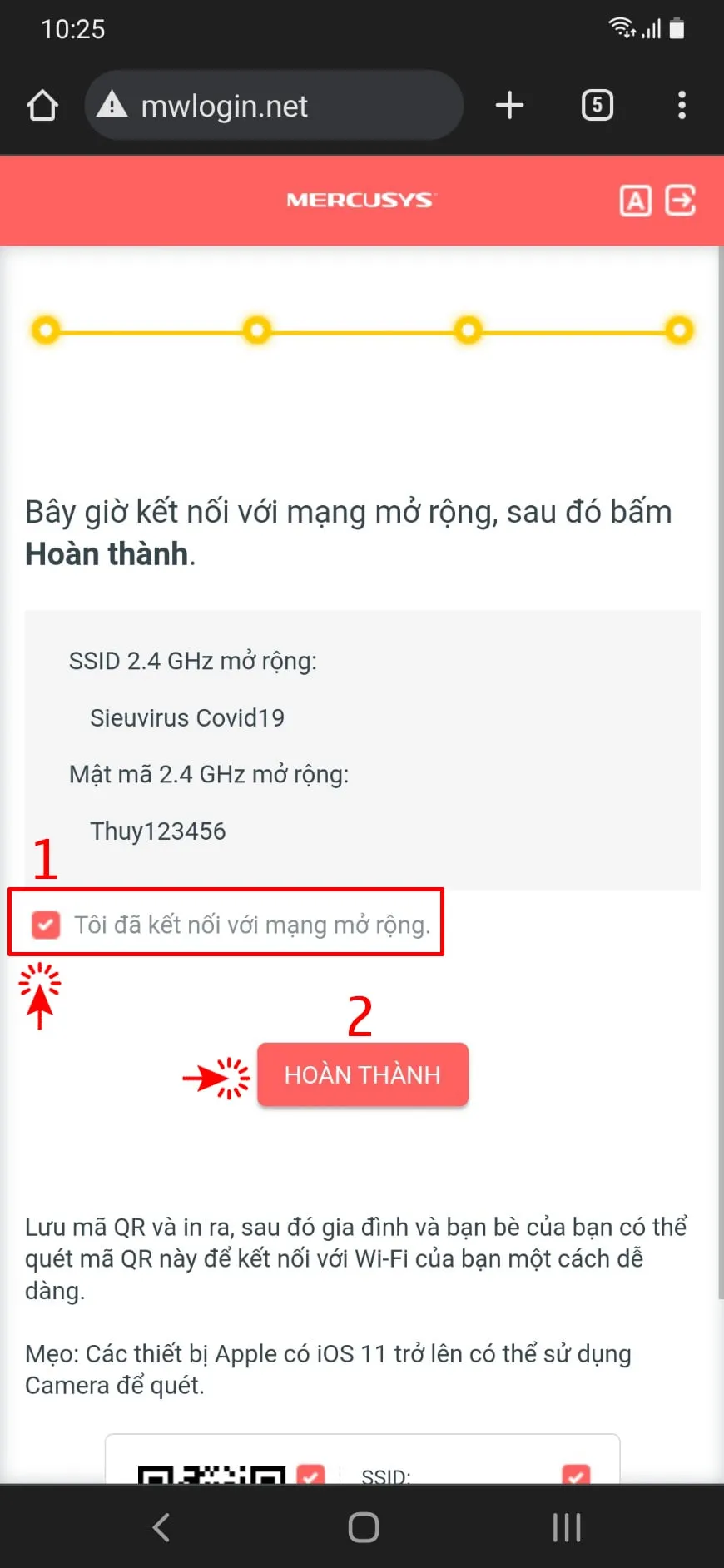 Xác nhận kết nối với mạng mở rộng sau khi cài đặt hoàn tất