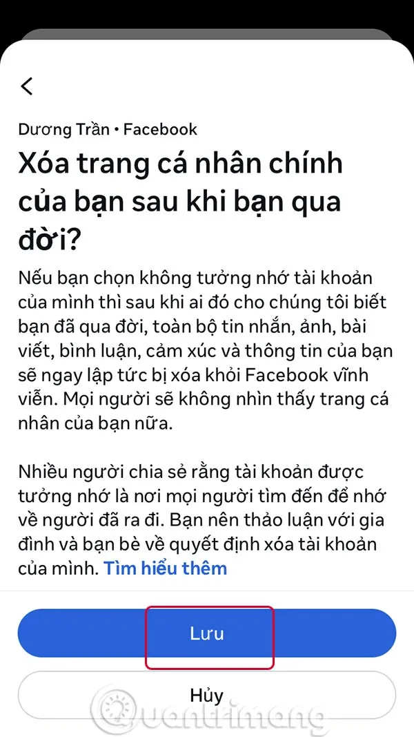 Xác nhận không giữ tài khoản Facebook dưới dạng tưởng nhớ