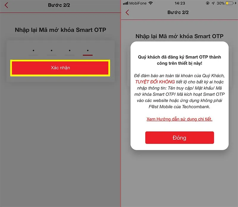 Xác nhận lại mã mở khóa và nhận thông báo hoàn thành kích hoạt Smart OTP