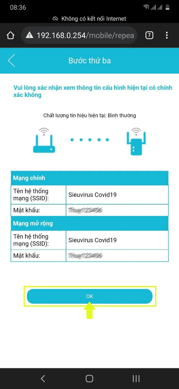 Xác nhận lại thông tin mật khẩu của wifi gốc