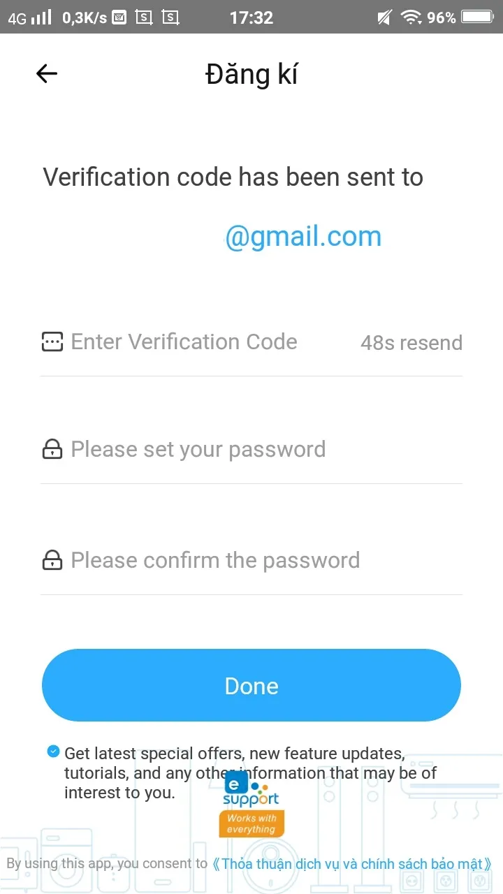 Xác nhận mã code được gửi về email khi đăng ký eWeLink