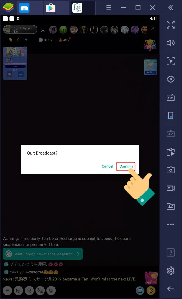 Xác nhận Quit Broadcast để dừng live stream Bigo Live, kết thúc phiên phát sóng trên máy tính