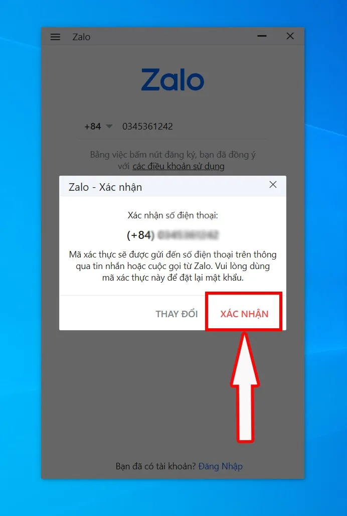 Xác nhận số điện thoại đã nhập là chính xác trước khi chuyển sang bước tiếp theo của quy trình đăng ký Zalo