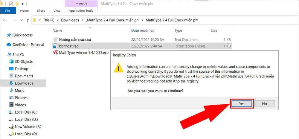 Xác nhận thêm thông tin bản quyền MathType vào Registry