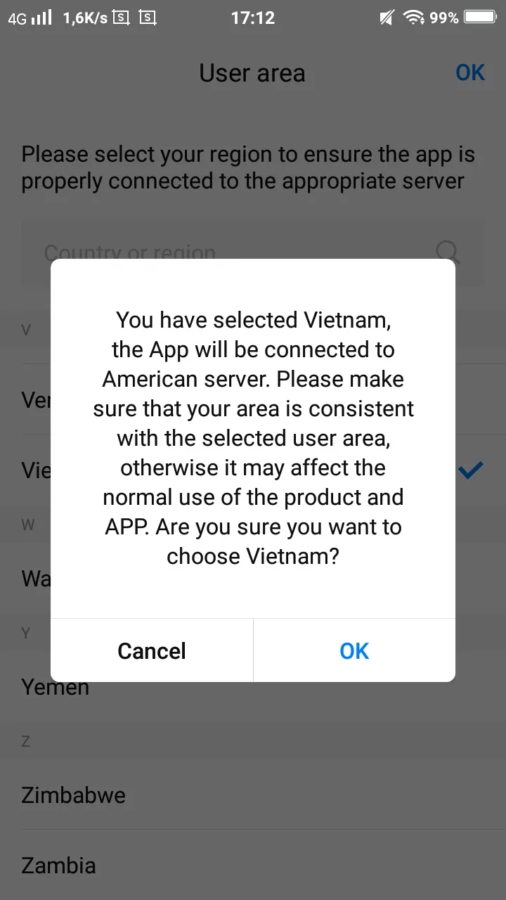 Xác nhận vị trí Vietnam trên ứng dụng BroadLink