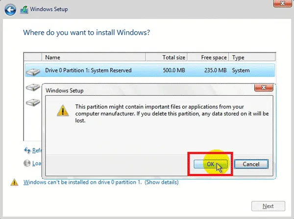 Xác nhận xóa phân vùng đã chọn