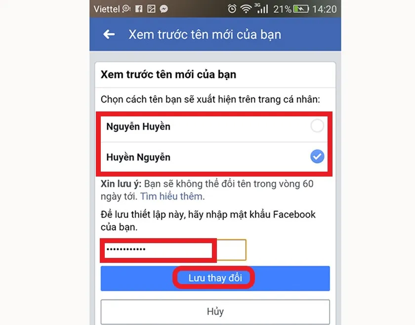 Xem lại các lựa chọn tên trước khi xác nhận lưu thay đổi tên Facebook