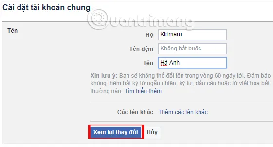 Xem lại tên Facebook
