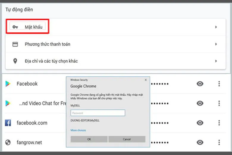 Xem mật khẩu Facebook đã được lưu trong trình quản lý mật khẩu