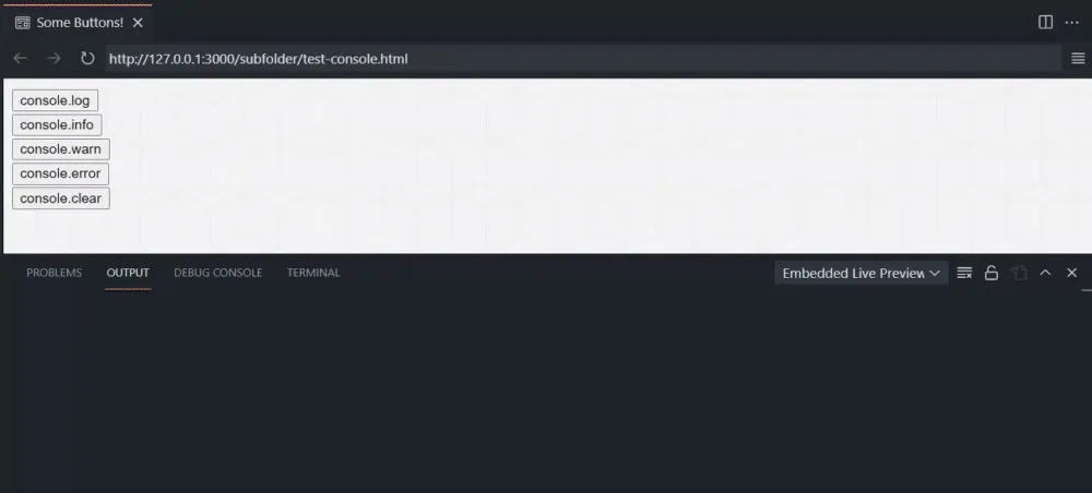 Xem nhật ký console của Embedded Live Preview trong tab Output của VS Code.