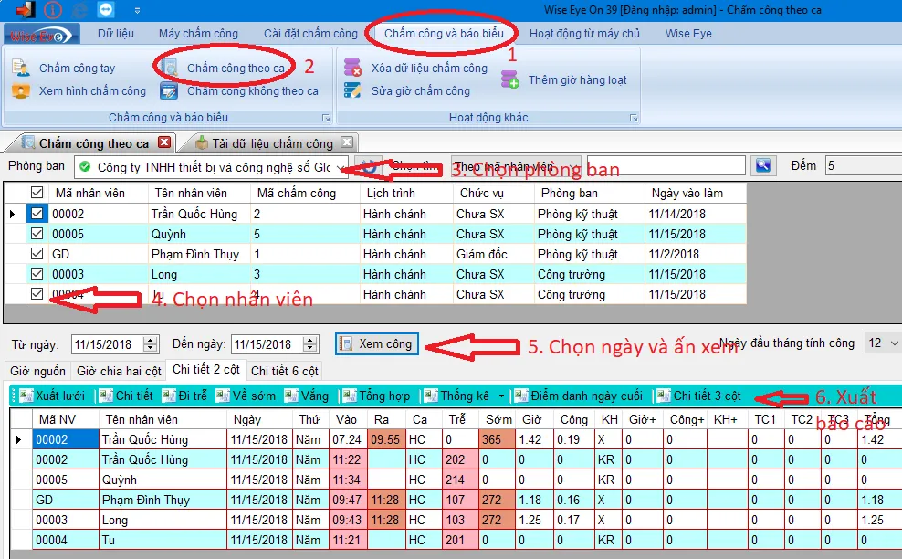 Xem và xuất báo cáo chấm công theo ca Wise Eye On 39