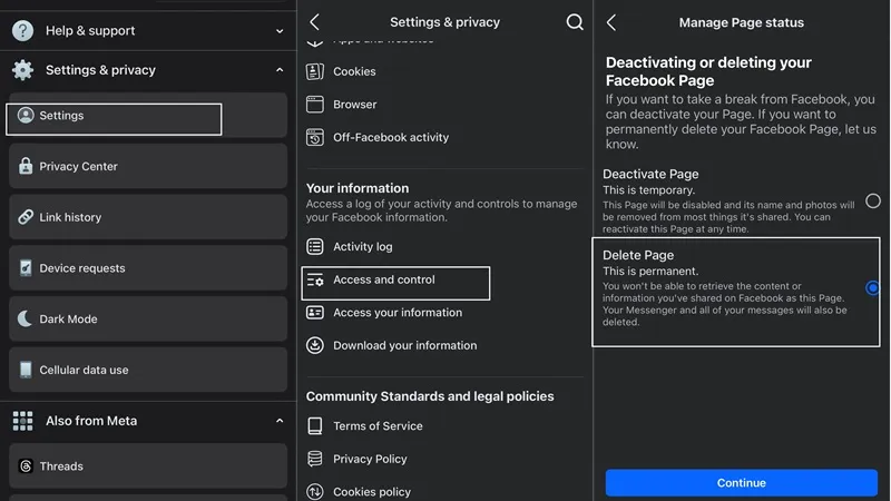 Xoá page trên Facebook qua smartphone