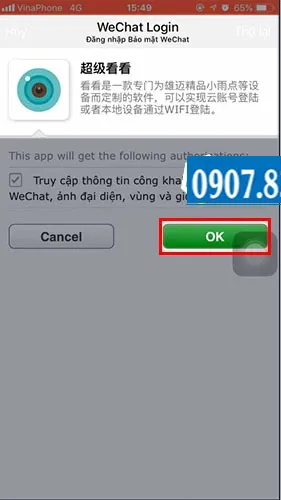 Yêu cầu cấp quyền truy cập ứng dụng từ Wechat để liên kết tài khoản iCSee