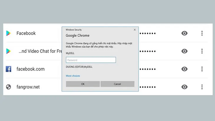 Yêu cầu nhập mật khẩu hệ thống để xem mật khẩu đã lưu