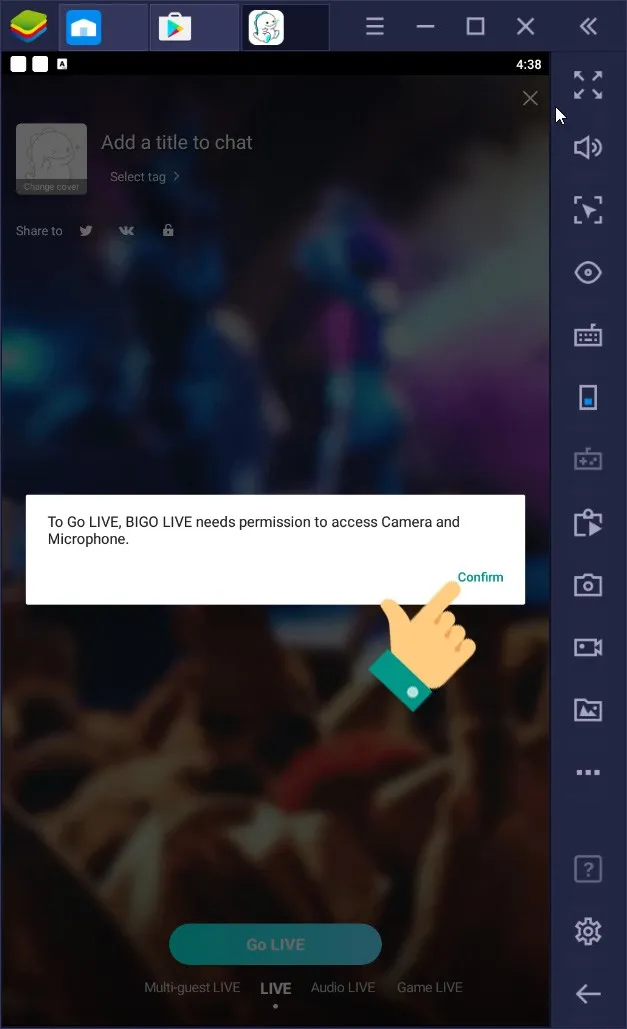 Yêu cầu quyền truy cập Camera và Microphone từ Bigo Live, cần thiết để thực hiện live stream màn hình máy tính