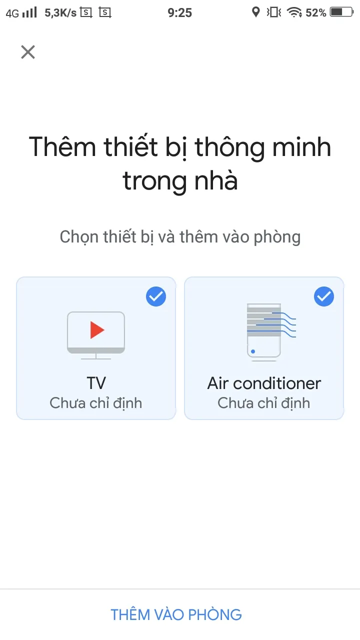 Yêu cầu thêm thiết bị BroadLink vào phòng trên Google Home