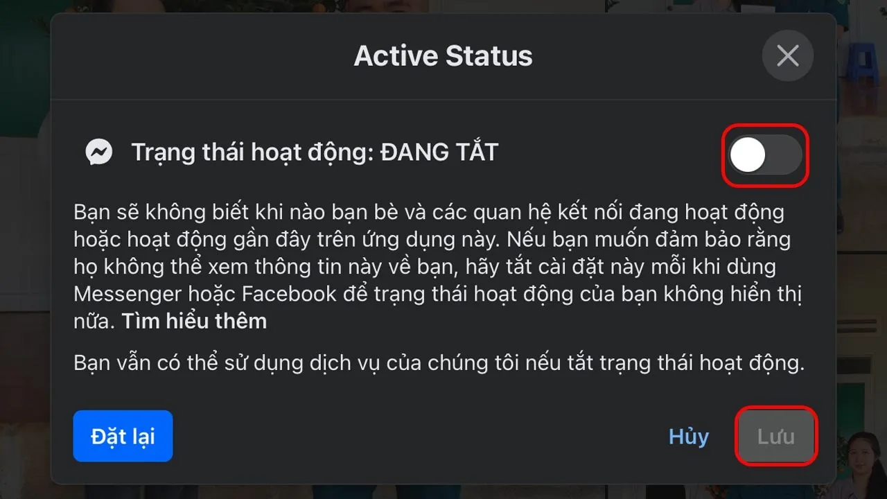 Alt text mô tả hộp thoại Trạng thái hoạt động trên Facebook máy tính, hiển thị nút gạt và nút Lưu