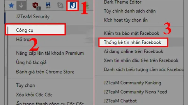 Bấm chuột phải vào biểu tượng J2TEAM và chọn Thống kê các tin nhắn trên Facebook