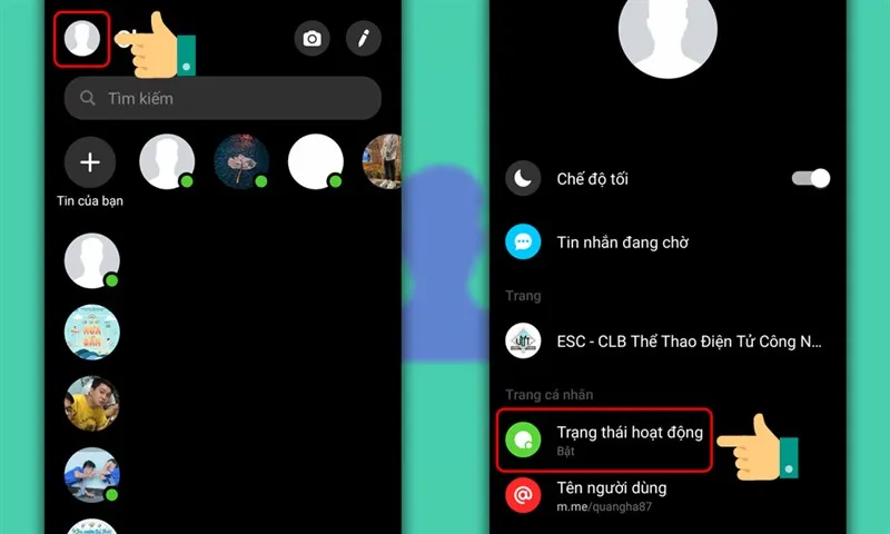 Bấm vào biểu tượng trang cá nhân rồi chọn Trạng thái hoạt động trong ứng dụng Messenger