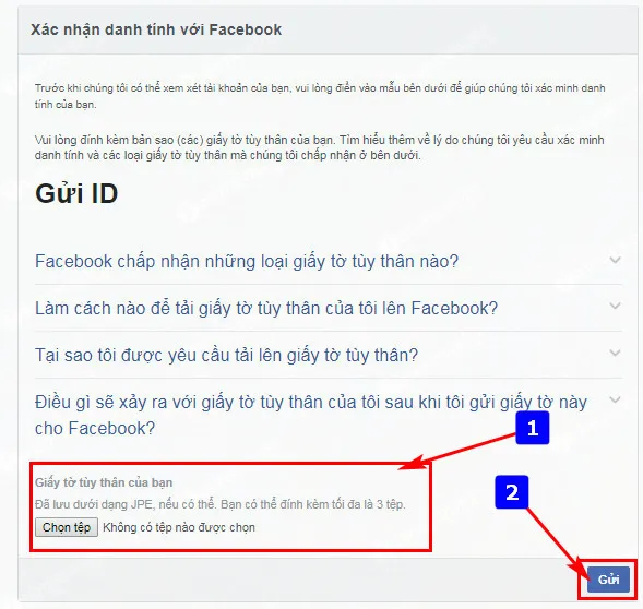 Biểu mẫu gửi giấy tờ tùy thân để khôi phục lại tài khoản facebook bị khóa