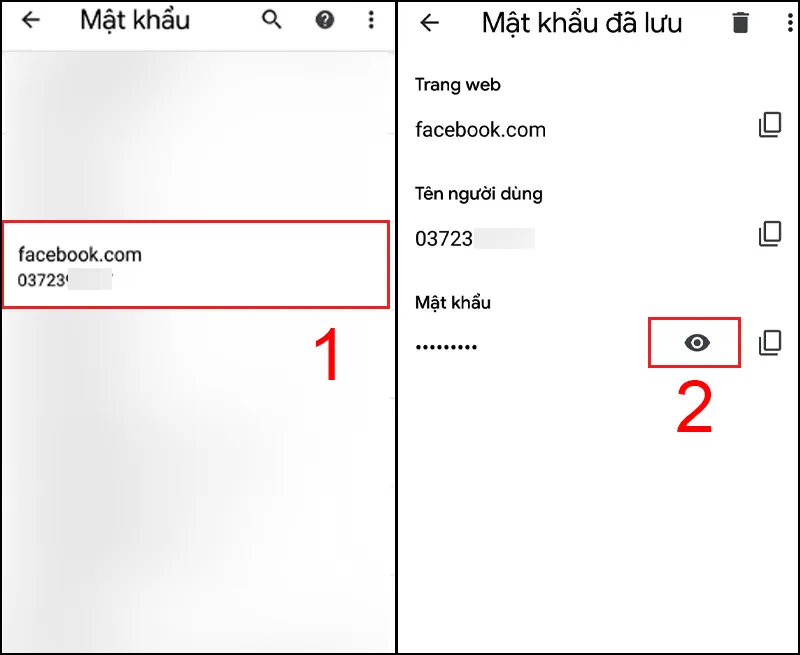 Biểu tượng con mắt để hiển thị mật khẩu Facebook đã lưu trên điện thoại Samsung