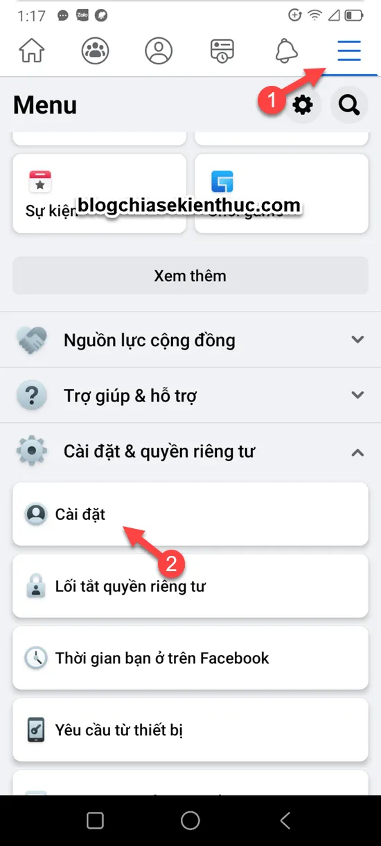 Biểu tượng menu (ba gạch ngang) trên ứng dụng Facebook Android, bước đầu tiên để truy cập cài đặt.