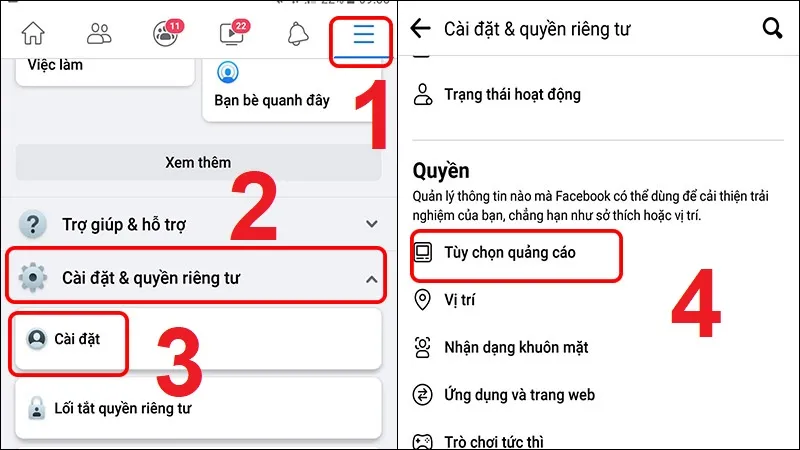 Bước 1 Mobile: Đi đến mục Tùy chọn quảng cáo trên Facebook