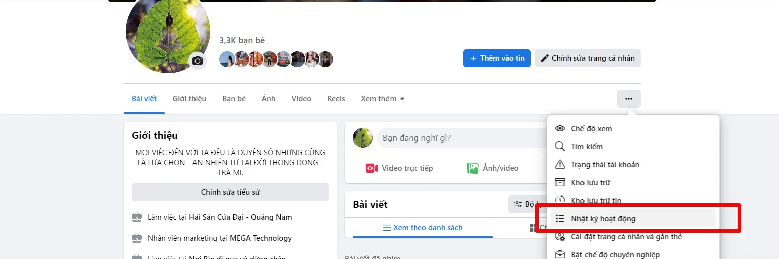 Bước 1: Từ trang cá nhân, nhấn dấu 3 chấm và chọn Nhật kí hoạt động