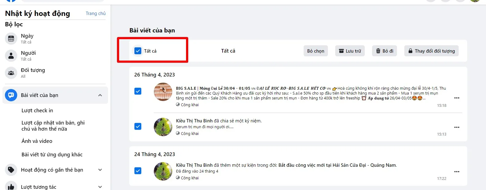 Bước 2: Chọn mục Bài viết của bạn và tích vào ô Tất cả để chọn các bài viết