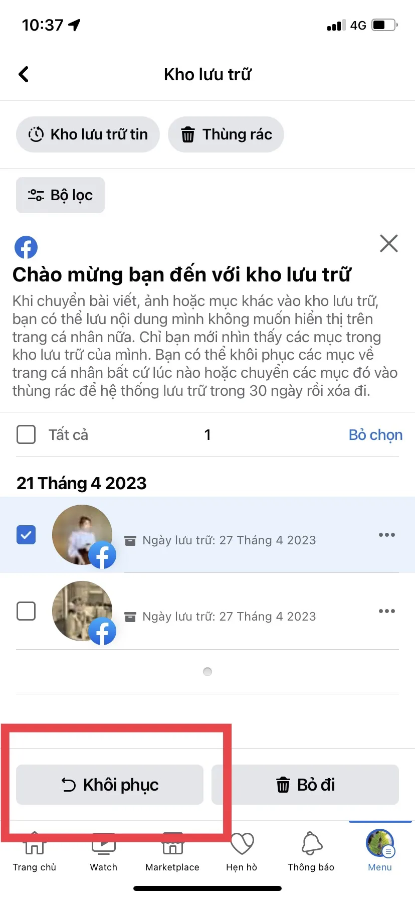 Bước 2: Chọn mục Kho lưu trữ và chọn bài viết muốn khôi phục lại