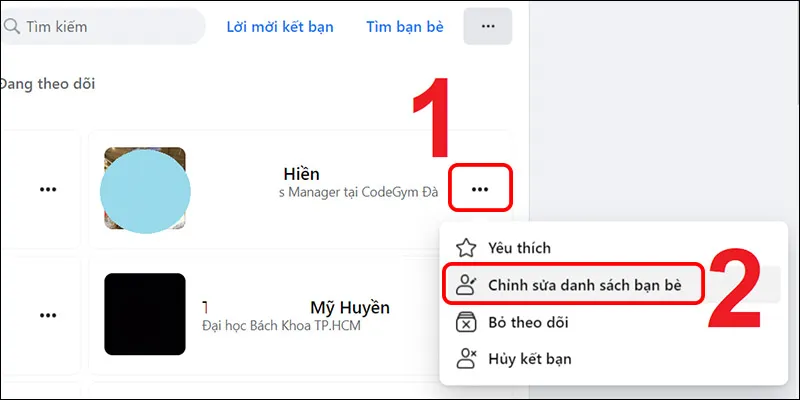 Bước 2 PC: Chọn Chỉnh sửa danh sách những người bạn để thêm người vào Restricted list