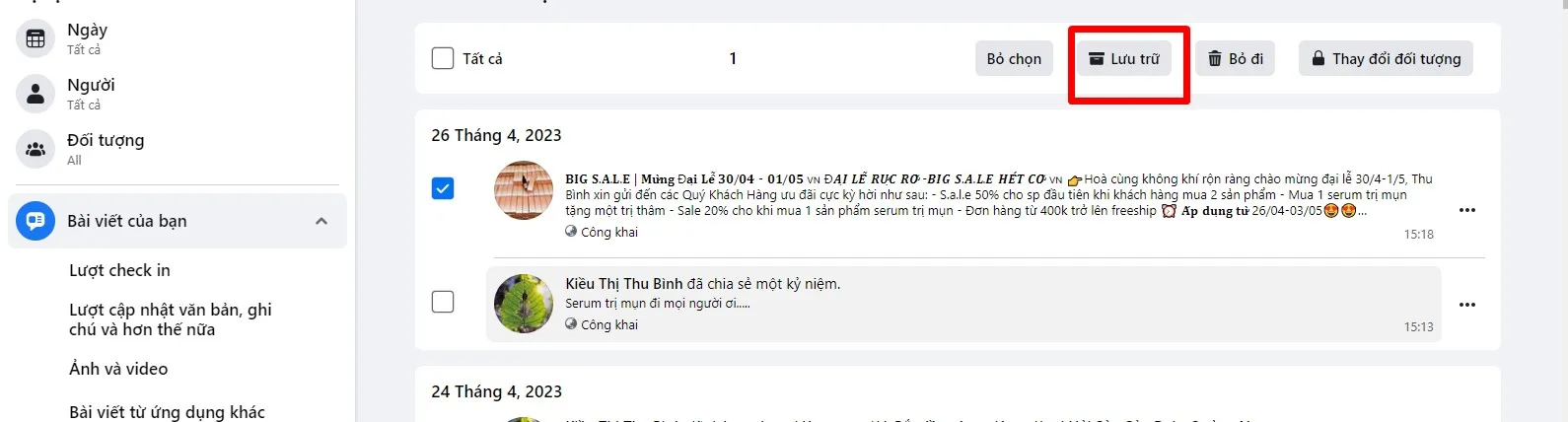 Bước 3: Chọn mục Lưu trữ để ẩn bài viết khỏi dòng thời gian